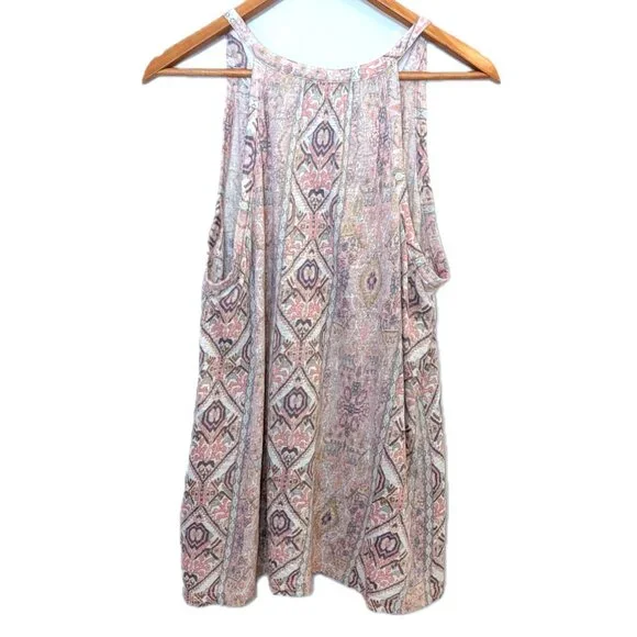 Rachel Zoe | 100% Linen Tassel Tank Top Pink & Beige Motif | Size Medium - Picture 8 of 11